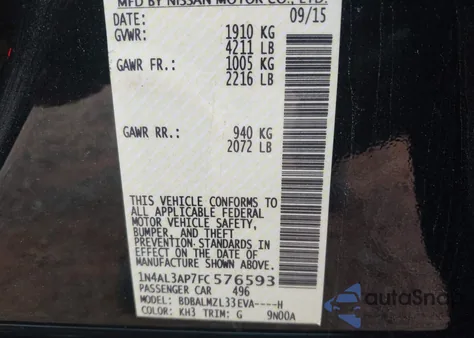 2015 Nissan Altima 2.5 Sv z USA, uszkodzony, nr VIN 1N4AL3AP7FC576593